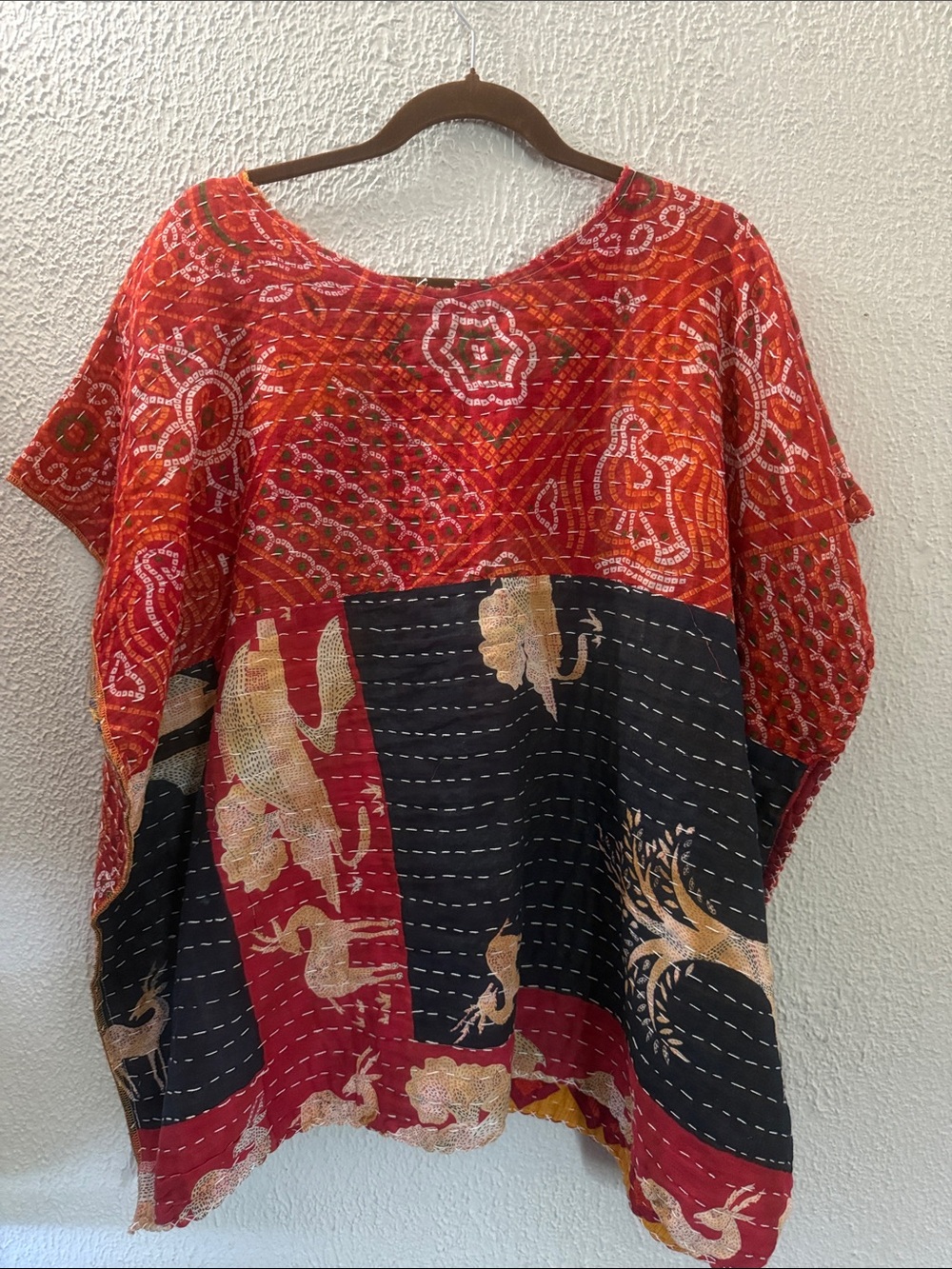 Upcycled Kantha Red Boho Women’s Tunic - Picture 2 of 4